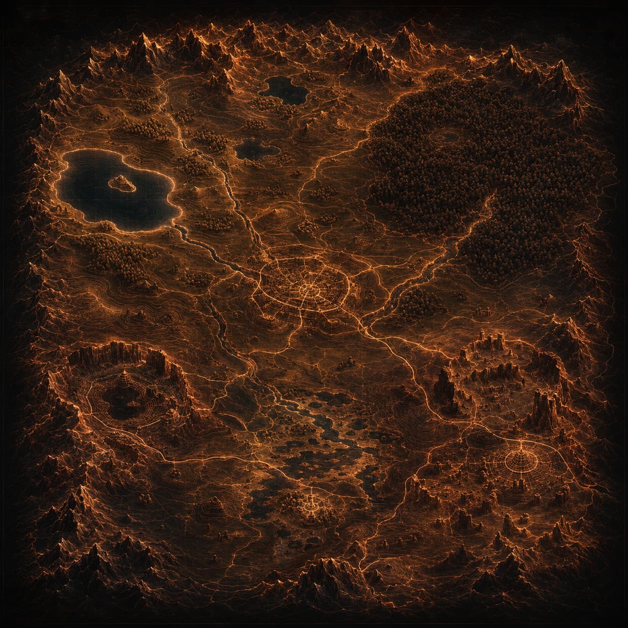 Rendered map of Vale Sangora: a mountain-ringed valley with a lake to the north-west, dense forest to the east, a ringed city at its centre, crags to the west and east, and marshland in the south.
